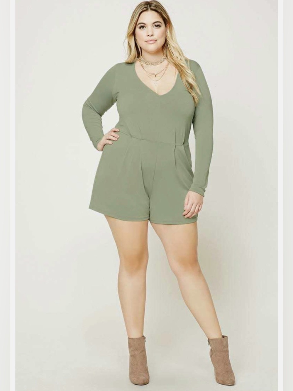 FOREVER 21 Plus Size Sage Green Long-Sleeve V Neck Romper - 0X